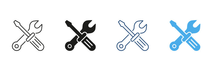 Crossed Wrench And Screwdriver Icon Set. Maintenance, Repair, And Technical Support Symbol Collection. Tools For Construction And Diy Projects. Isolated Vector Illustration