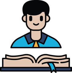 A man is sitting in front of an open book with a smile on his face