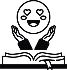 smiling face with two hands reaching out to a book