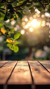 Rustic Wooden Planks with Bokeh Sunlight and Overhanging Green Leaves Backdrop