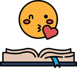 A cartoonish face with a heart and a kiss on it is above an open book