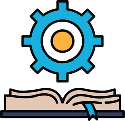 A blue and yellow gear is shown with an open book