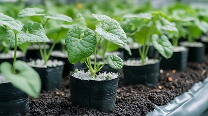 Seedlings Growing in Pots Inside a Greenhouse Closeup with Soil Ground View