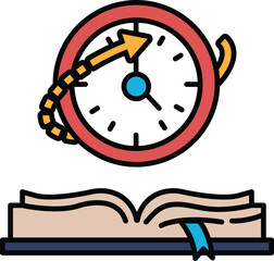 A clock with a red circle and arrow pointing to the right