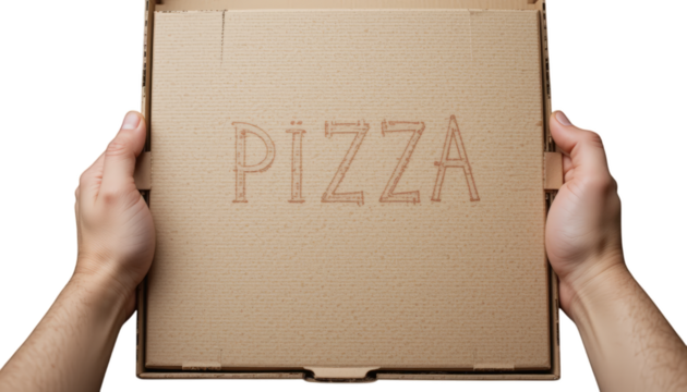 Hands holding pizza box with word PIZZA printed on it ready for delivery or takeaway. on transparent background