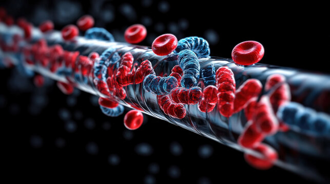 Digital illustration of blood vessel shows red blood cells and blue molecules, possibly representing scientific concept like gene therapy or biotechnology. image is vibrant and dynamic