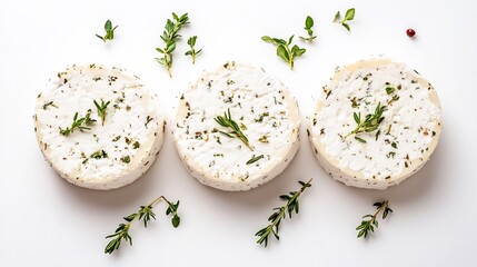 French chvre goat cheese rounds herbs pepper crusts viewed from above on white background fresh and creamy dairy product popular artisanal cheese from France cut out on isolated transparent background