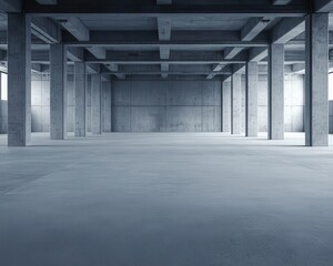 Obraz premium A worndown warehouse concrete interior, blended with a wireframe of robotic automation structures