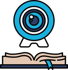 Obraz premium A blue and white image of a camera lens with a book in the background
