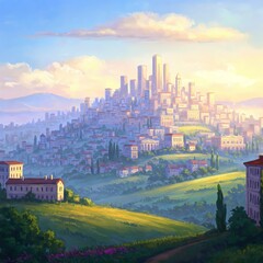 Fototapeta premium Dreamy cityscape at sunset with rolling green hills 