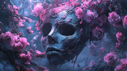 Floral Skull Art Mystical forest scene, skull adorned with pink roses, dark fantasy art for book covers