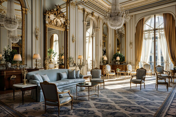Obraz premium Ornate room, luxury interior. Chairs, sofa, and mirrors. Chandeliers, large windows, and natural light. Elegant, sophisticated.