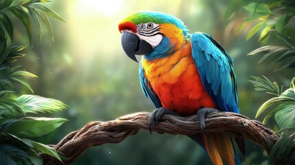 Colorful parrot in lush forest