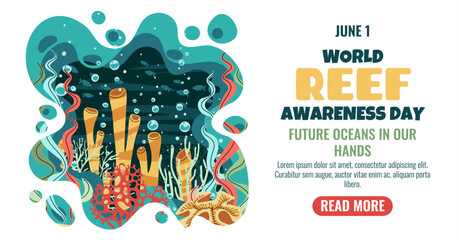 Coral Reef Conservation Banner. World Reef Day Campaign and Algae. Protect Marine Life, Eco Awareness Horizontal Design