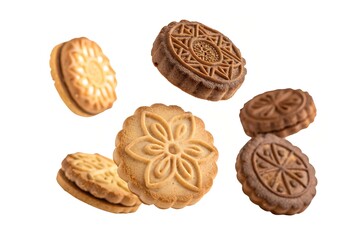 Assorted Biscuits with Floral Designs on White Background