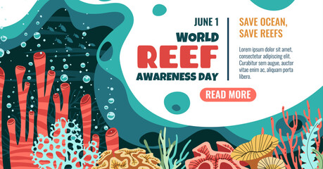 World Reef Day Banner. Coral reef with Seaweed and Bubbles Marine Conservation Theme. Save the Ocean Ecosystem. Bright Illustration for Social Media Posts, Websites and Eco Campaigns.