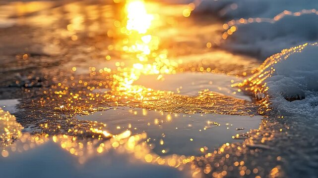 Sunlight on melting snow and ice