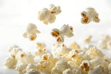 Flying Popcorn Kernels on White Background