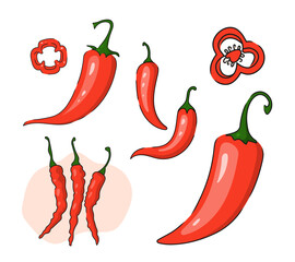 Chili hot pepper icon set. Red Chilli cayenne peppers. Flat design. White background. Isolated. Vector illustration