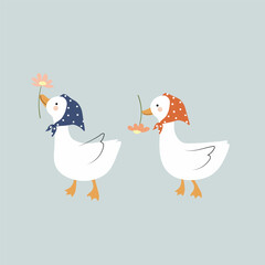 vector , illustration of ducks wearing polka dot head scarf and flowers in beaks  