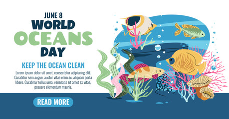 World Oceans Day Banner. Tropical Fish in Coral Reef for Ocean Protection. Ideal for Social Media Posts and Website to Promote Marine Conservation.