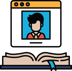 A man's face is shown on a computer screen with a book open in the background