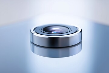 Camera lens macro. optical equipment detail on reflective glass surface