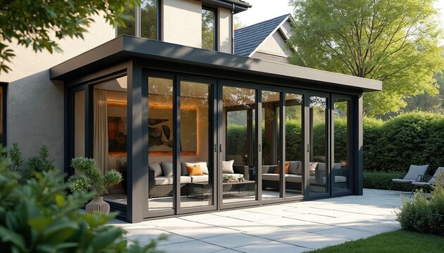 Modern sunroom conservatory extension. Glazed doors open paved patio, garden. Stylish home with outdoor leisure space. Contemporary architecture, design, residence. Summer lifestyle dwelling.