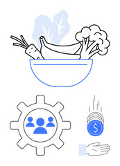 Bowl of vegetables, gear with people icon, coins dropping into hand. Ideal for nutrition, collaboration, economy, sustainability, health management, equity simple landing page