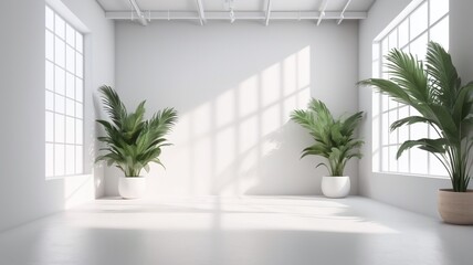 Abstract white studio background for product presentation. Empty room with shadows of window and flowers and palm leaves . 3d room with copy space. Summer concert. Blurred backdrop.