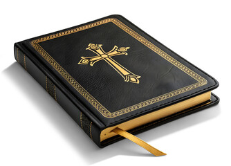 A closed black leather-bound Bible with a gold cross embossed on the cover, gold-edged pages, and a golden ribbon bookmark against transparent background