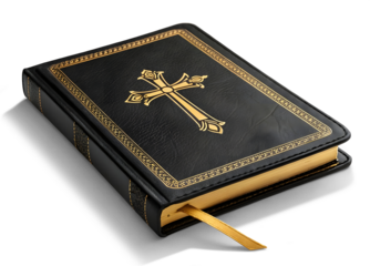 A closed black leather-bound Bible with a gold cross embossed on the cover, gold-edged pages, and a golden ribbon bookmark against transparent background