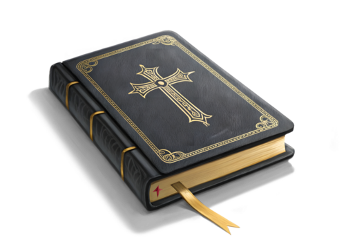 A closed black leather-bound Bible with a gold cross embossed on the cover, gold-edged pages, and a golden ribbon bookmark against transparent background