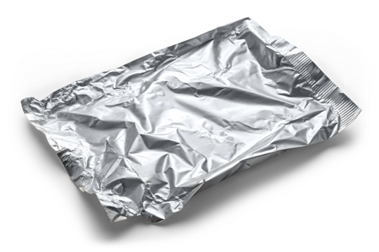 A crumpled, irregularly torn piece of aluminum foil placed on a clean white or transparent background - Powered by Adobe