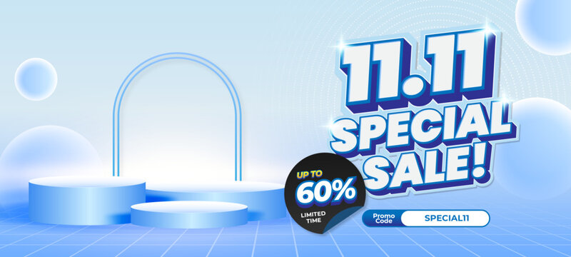11.11 Special Shopping day Sale discount deals Light Blue gradient Editable text effect Showcase Podium Premium Horizontal Marketing banner