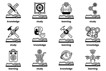 Set of illustrations in the concept of Books and knowledge in a line style