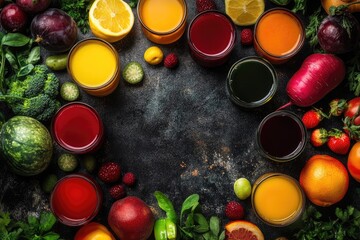 Colorful fruit and vegetable juices surrounded by fresh produce (1)