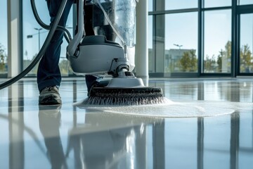 A person is actively cleaning a marble floor surface using a machine