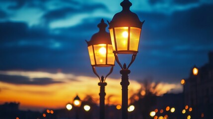 Street lamps glowing at sunset