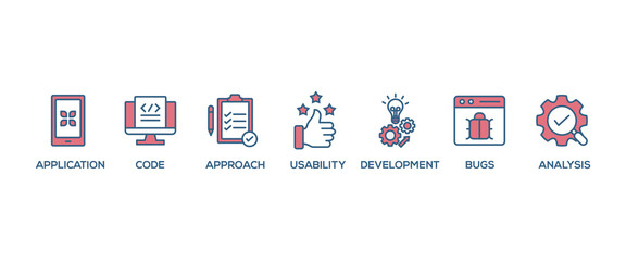Software testing banner web icon vector illustration concept with icon of analysis, development, application, code, approach, usability, and bugs