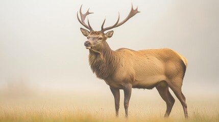 Fototapeta premium Deer standing in foggy field wildlife scene nature background