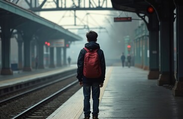 Teenage boy with backpack stands alone on railway station platform. Back view of young man waiting train. Facing uncertain future journey. Escape, loneliness, sadness, problem, teenage trouble, home,