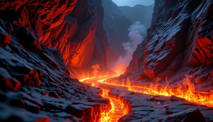 close up low angle of jagged cavern walls glowing with molten magma streams