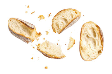Scattered Pieces of Freshly Baked Artisan Bread Crumbs with Golden Brown Crust on Transparent Background