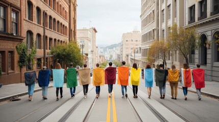 Diverse group strolling city street