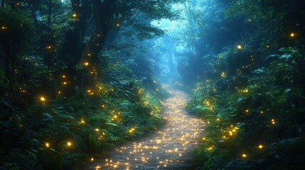 Fototapeta premium Mystical forest path illuminated by glowing fireflies.