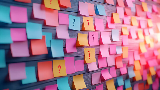 Colorful Sticky Notes with Questions on a Wall for Creative Ideas