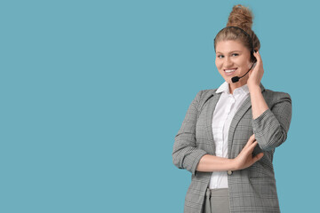 Female technical support agent in headset on blue background