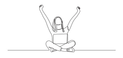 continuous one line art of a woman sitting happily in front of a laptop. vector illustration