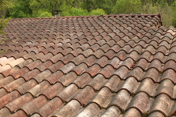 Toiture à nettoyer, avec mousses et lichens